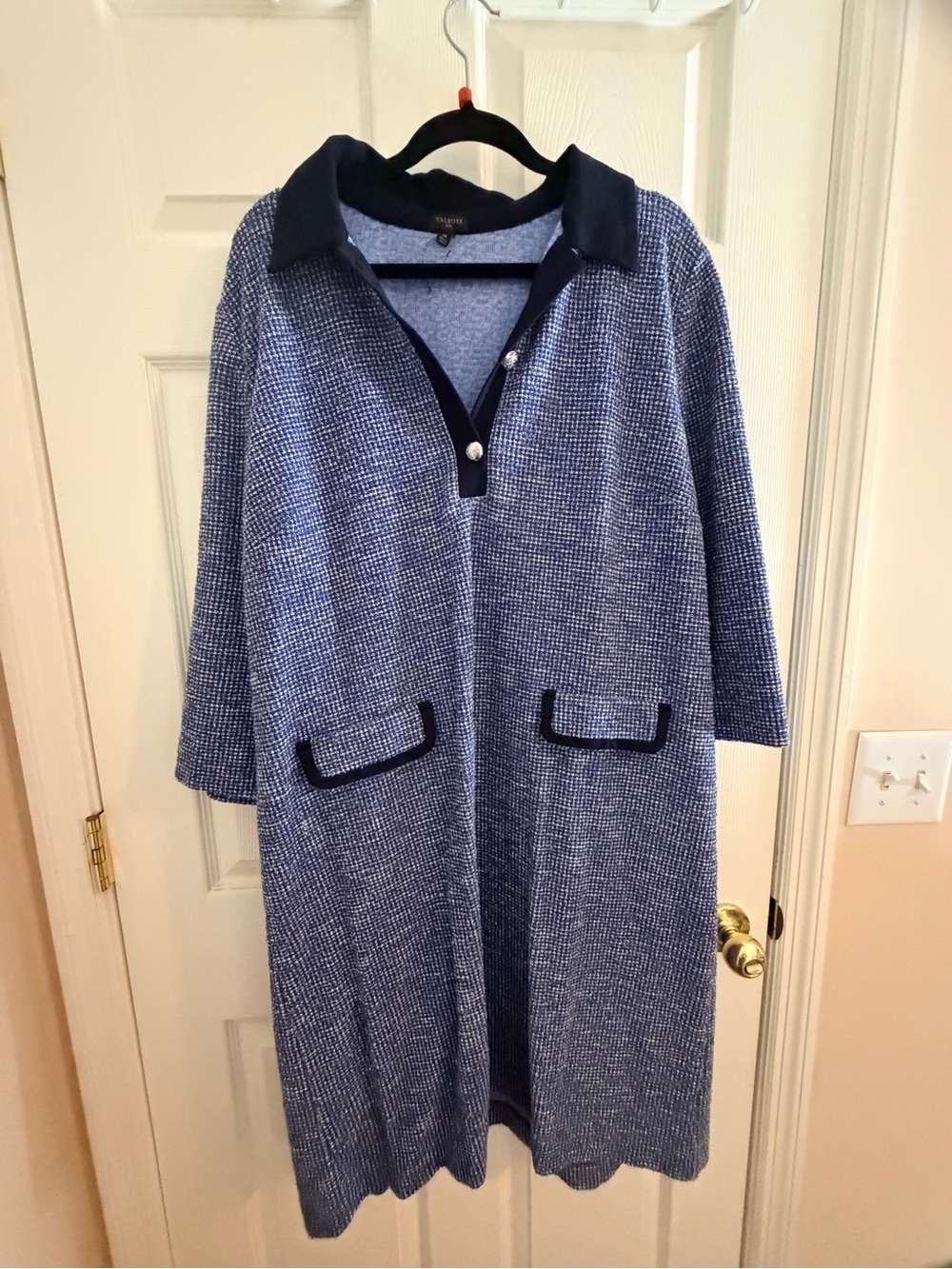 Talbots Blue Knit Midi Coat with Contrast Navy Collar